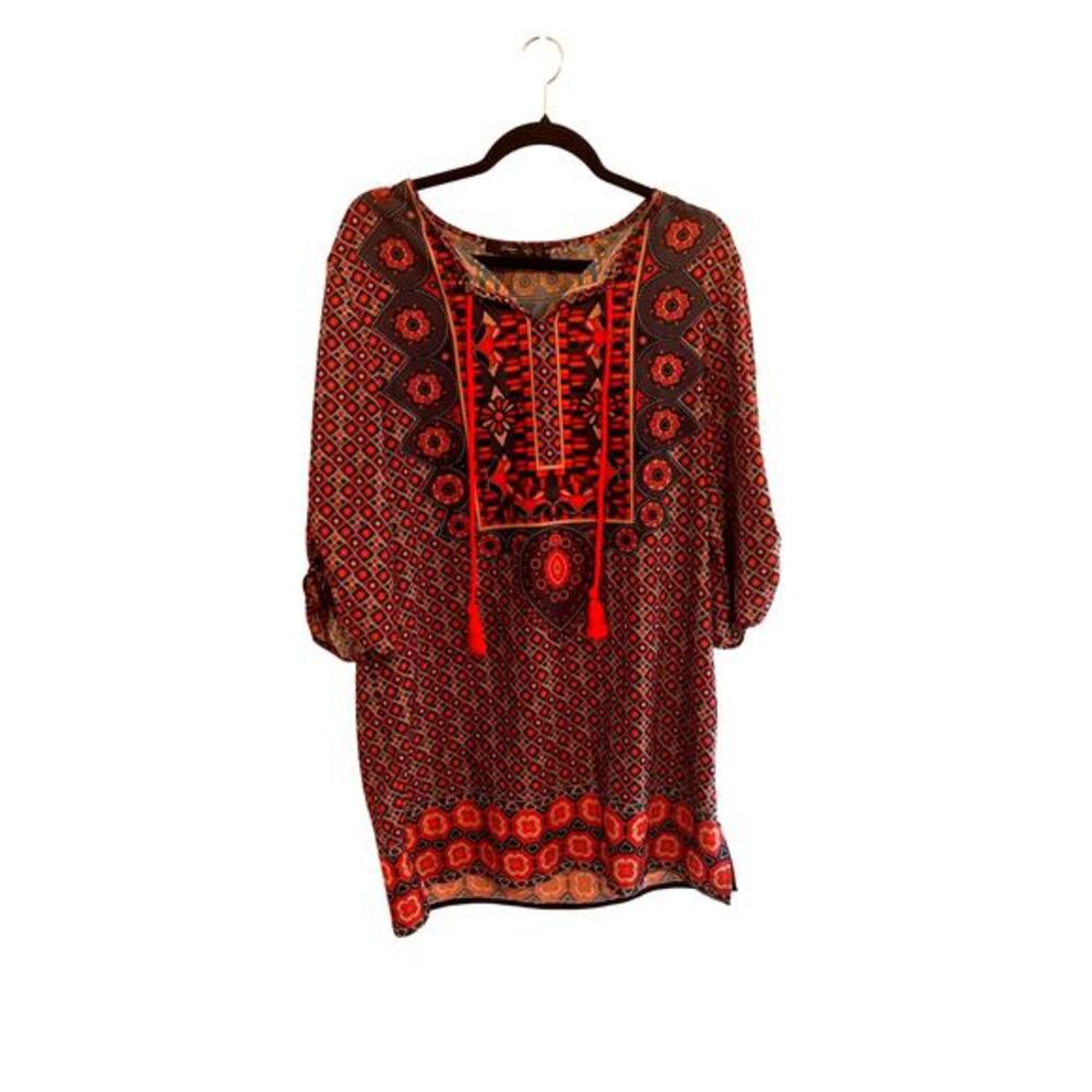 Urban Coco Boho Tunic‎ Dress Red Orange Geometric Print Tassels Womens Size M